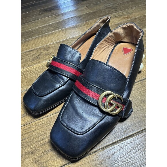 Gucci Black Leather Peyton GG Sylvie Pearl Studded Loafer Size 37 - Picture 8 of 9